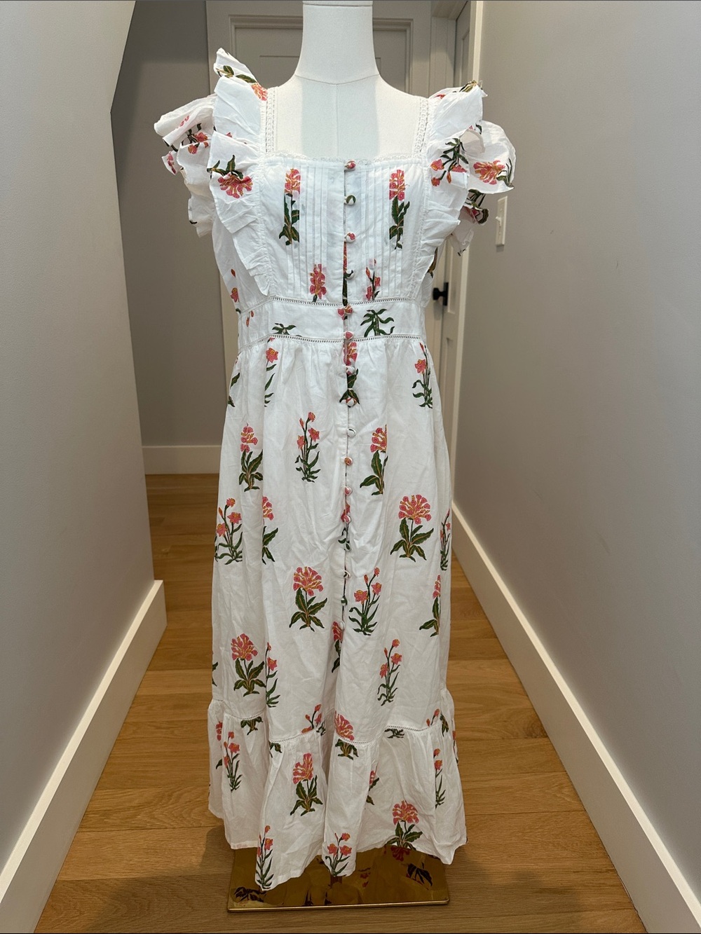 White Floral Midi Dress with Pink Blooms - NWT
